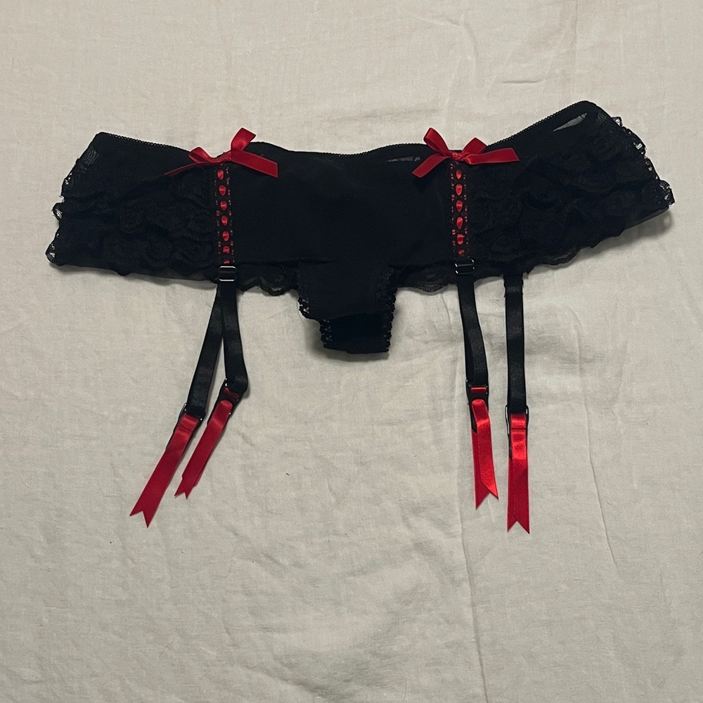 Chic Black Lace Garter Panties with Red Accents